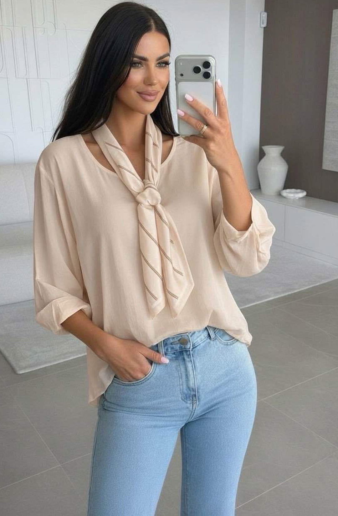 Ezra High Low Crew Neck Scarf Blouse Top - Stone