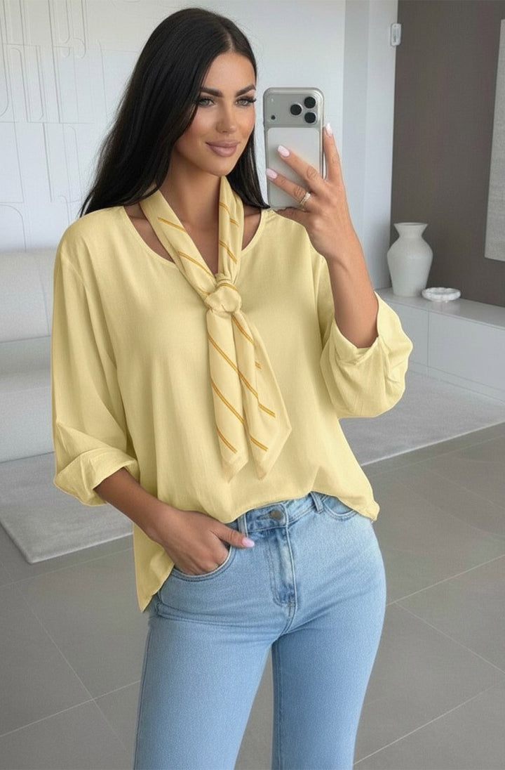 Ezra High Low Crew Neck Scarf Blouse Top - Yellow