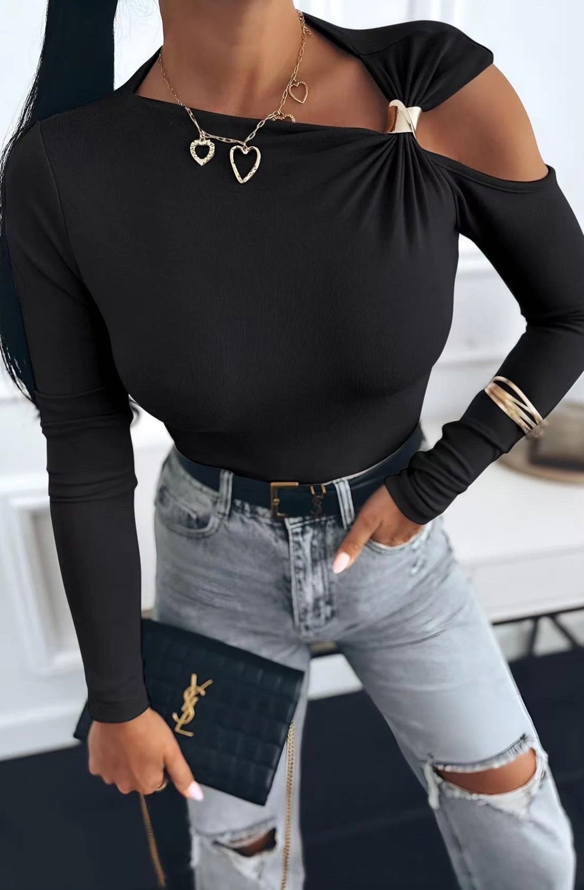Faria Gold Clasp Cold Shoulder Style Top-Black
