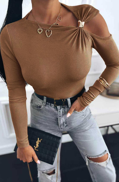 Faria Gold Clasp Cold Shoulder Style Top-Camel