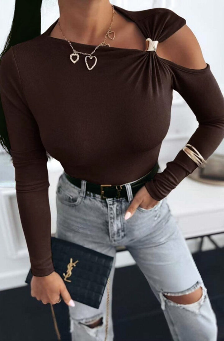 Faria Gold Clasp Cold Shoulder Style Top - Dark Brown