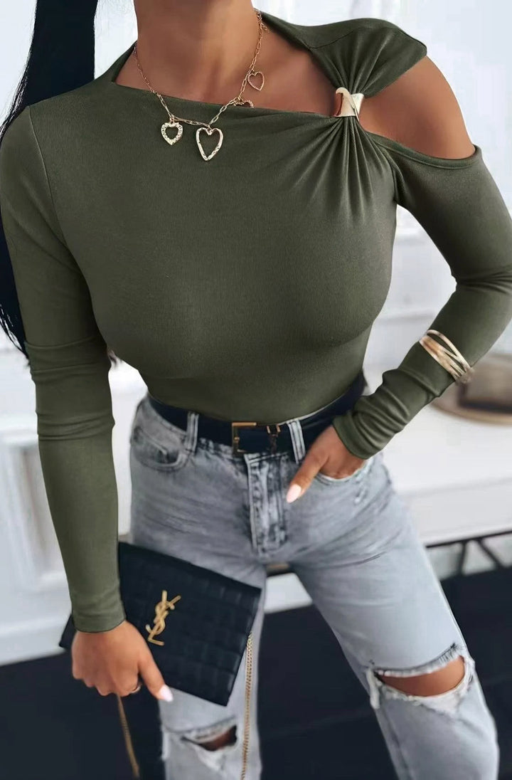 Faria Gold Clasp Cold Shoulder Style Top-Khaki