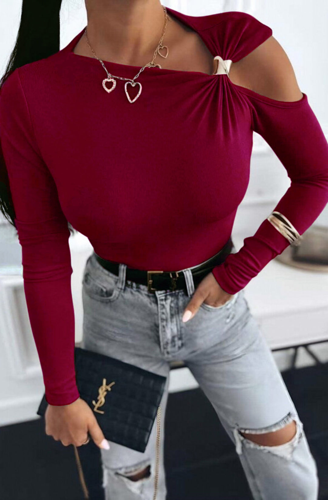 Faria Gold Clasp Cold Shoulder Style Top - Red