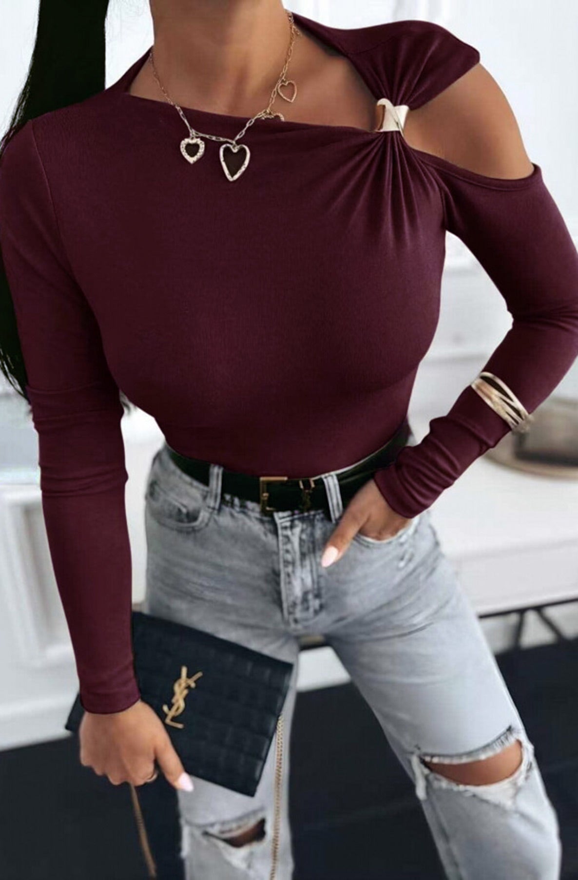 Faria Gold Clasp Cold Shoulder Style Top-Wine