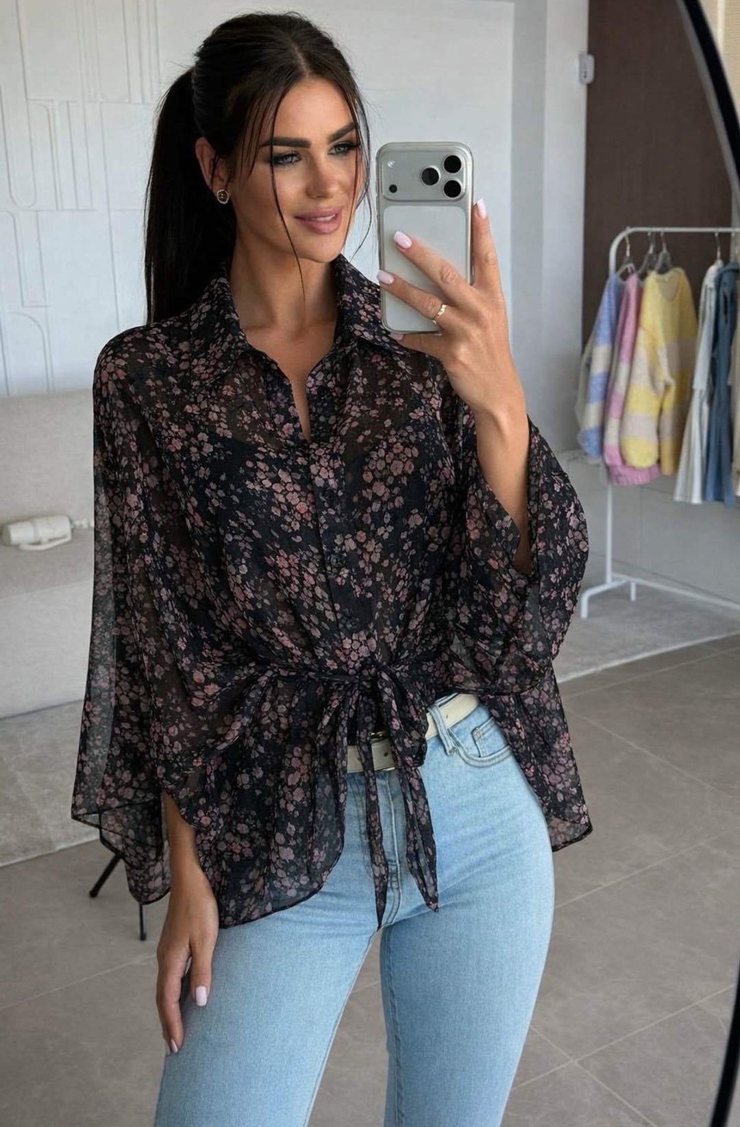 Fiorin Floral Tie-Front Oversized Poncho Style Blouse Top - Black