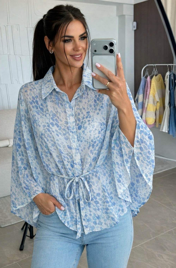 Fiorin Floral Tie-Front Oversized Poncho Style Blouse Top-Blue