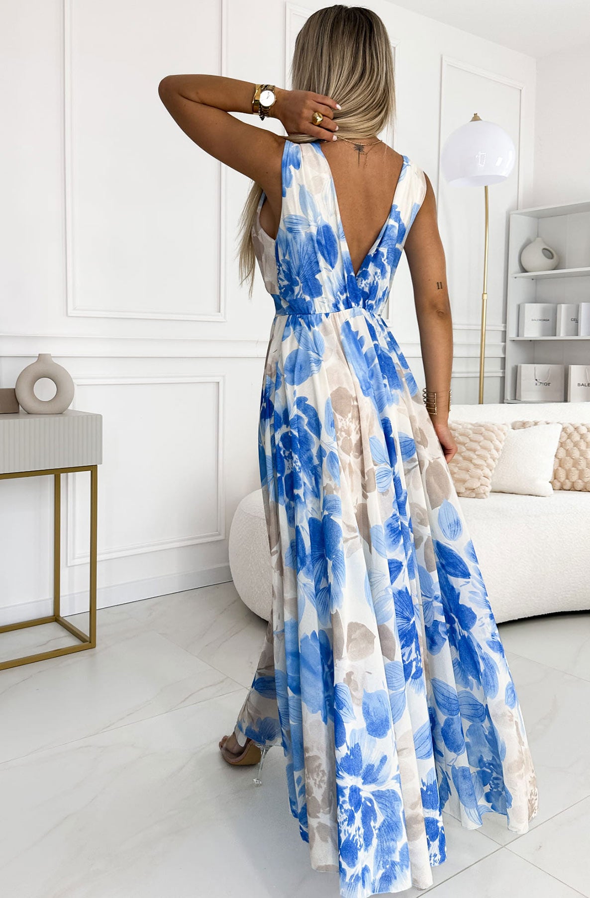 Fleur Chiffon Floral Wrap Maxi Dress-Blue