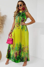 Florence Pleated Tropical Floral Tie-Up Maxi Dress-Yellow