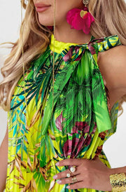 Florence Pleated Tropical Floral Tie-Up Maxi Dress-Yellow