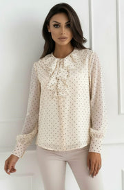 Florin Polka Dot Ruffle Collar Sheer Blouse Top-Cream
