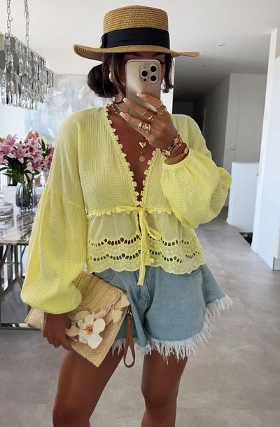 Freya Cotton Gauze Style Floral Tie-Up Top-Yellow
