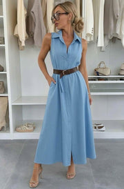 Gabi Sleeveless Pocket Belted Maxi Shirt Dress-Blue