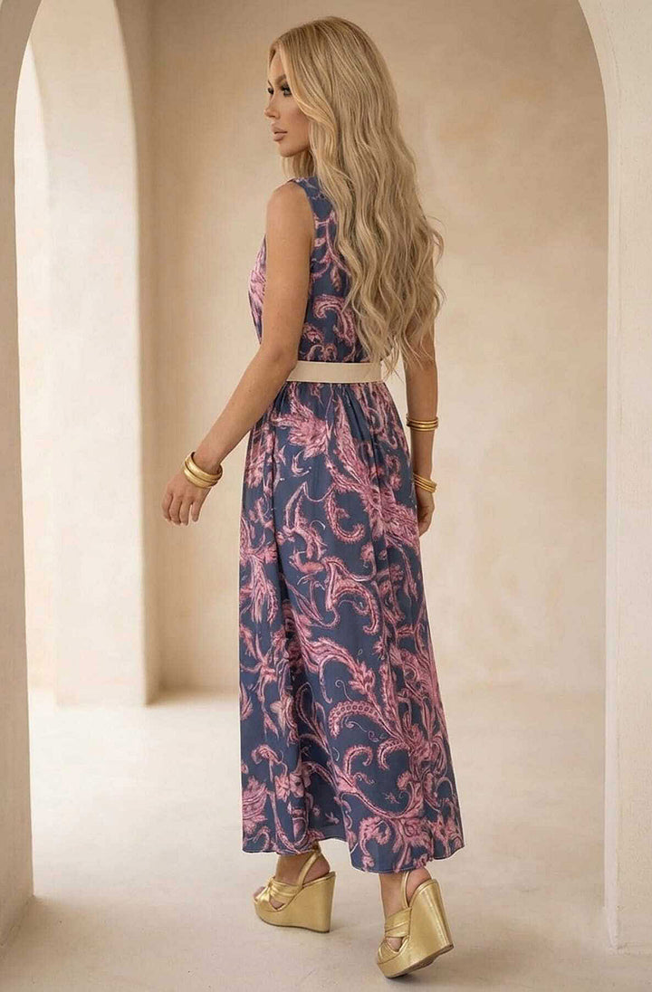 Ginnie Paisley Print Belted Sleeveless Tiered Midaxi Dress - Navy