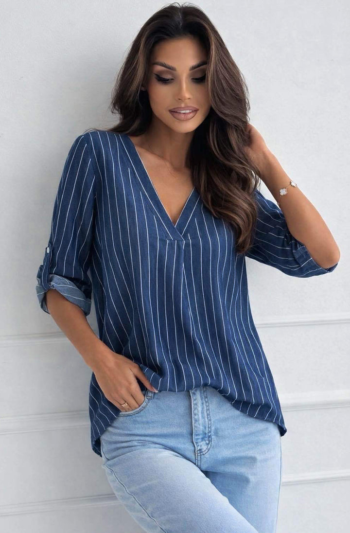 Gita Stripe V-Neck Roll-Sleeve Cotton Blouse Top-Navy