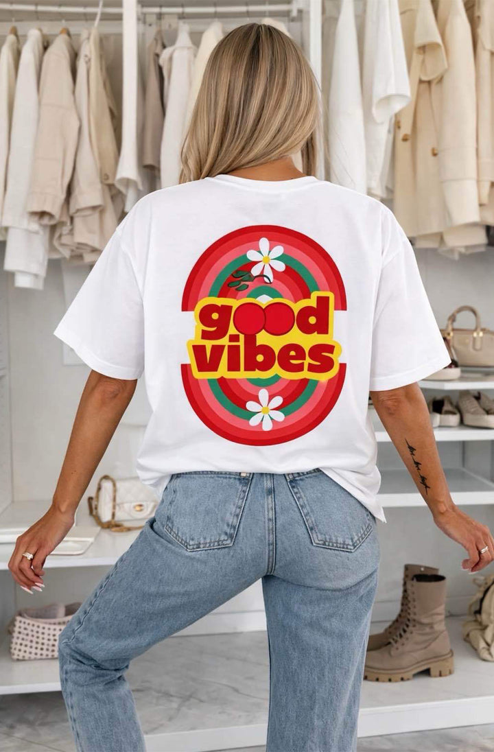 ‘Good Vibes’🌈 Oversized Front &amp; Back Graphic Print T-Shirt-Ivory