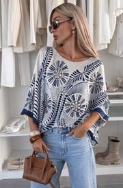 Grace Oversized Satin Abstract Print Batwing Blouse Top-Navy