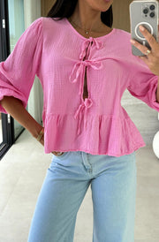Gracie Cotton Gauze Style Front Tie-Up Top-Pink