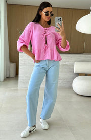 Gracie Cotton Gauze Style Front Tie-Up Top-Pink