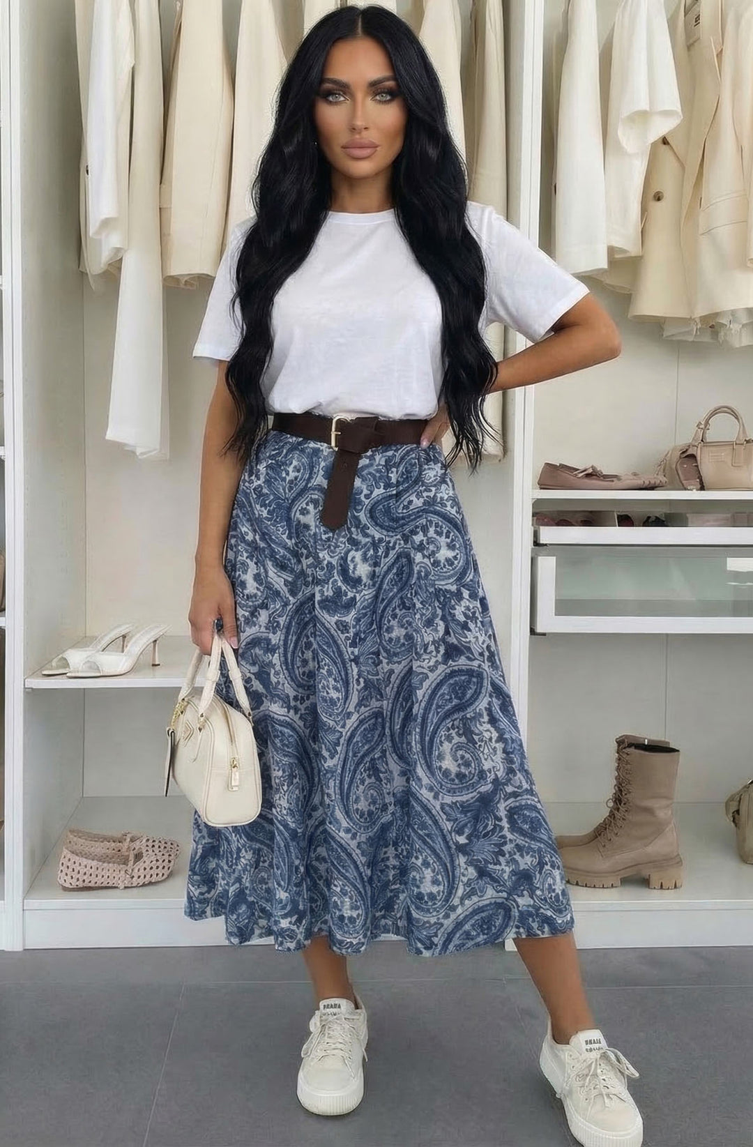 Harlene Paisley Elasticated Waist Midi Skirt - Blue