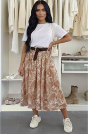 Harlene Paisley Elasticated Waist Midi Skirt-Brown
