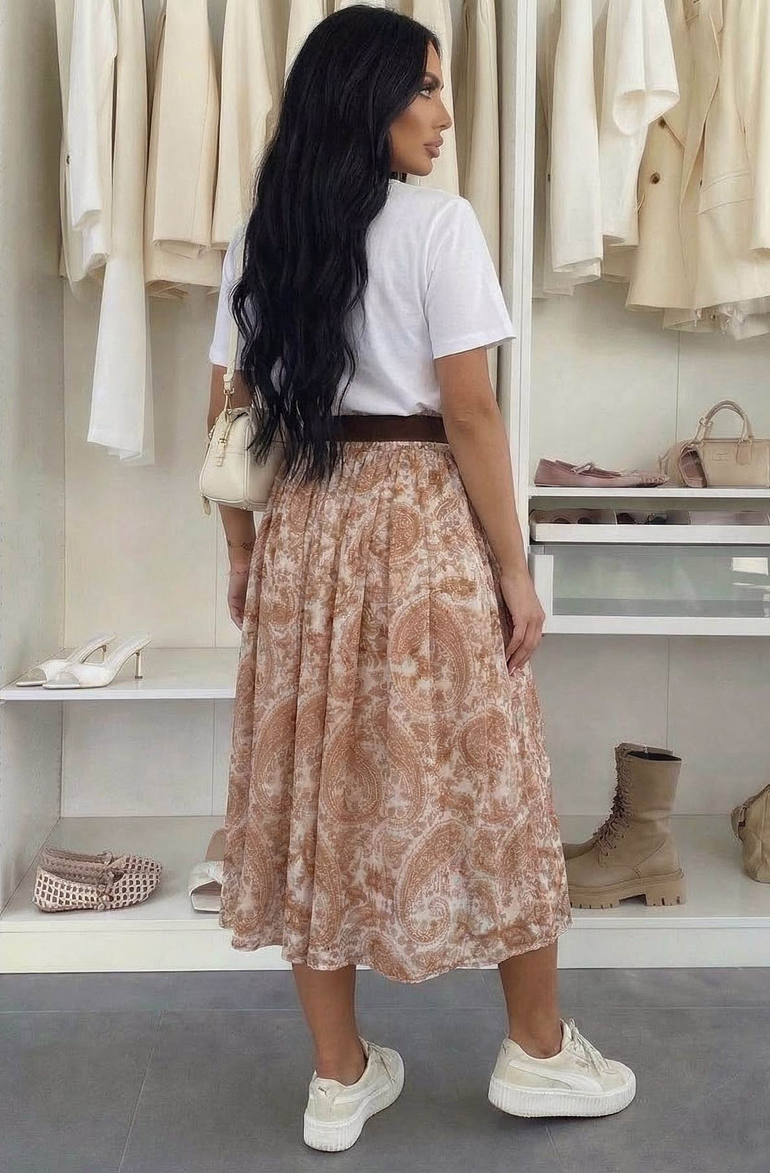 Harlene Paisley Elasticated Waist Midi Skirt - Brown