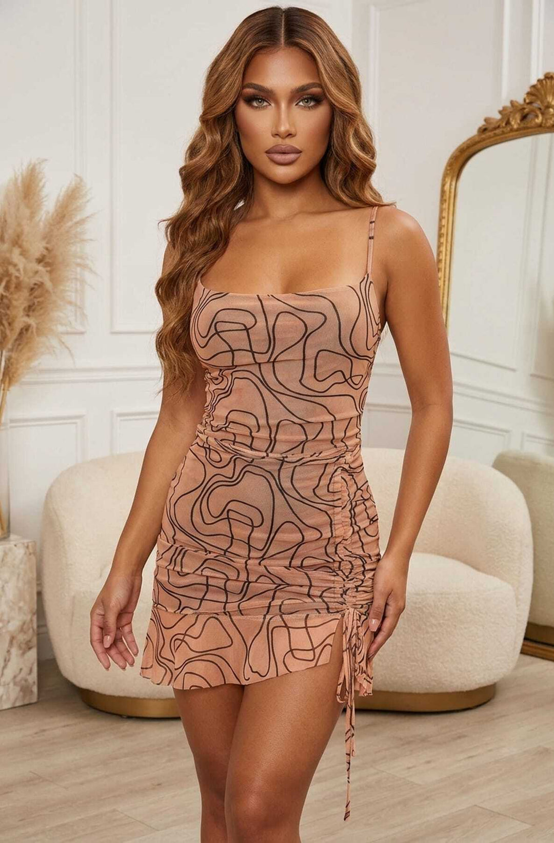 Harlow Mesh Draped Cowl Neck Side Drawstring Frill Hem Mini Dress