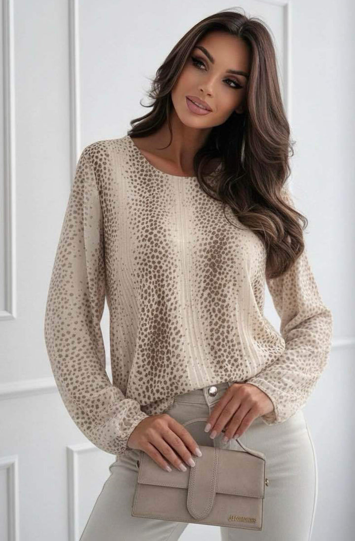 Heidi Abstract Animal-Inspired Print Pleated Blouse Top-Stone