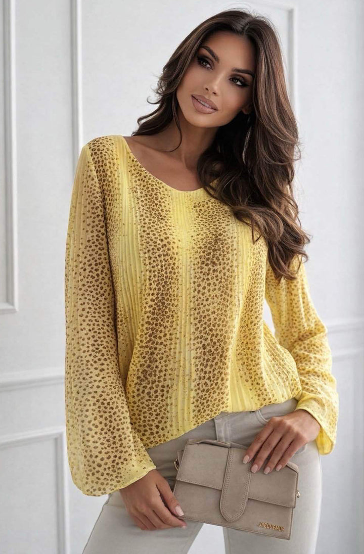 Heidi Abstract Animal-Inspired Print Pleated Blouse Top - Yellow