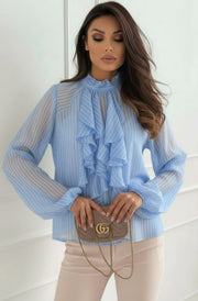 Iria High Neck Ruffle Stripe Blouse Top-Blue