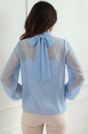 Iria High Neck Ruffle Stripe Blouse Top-Blue