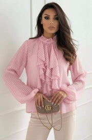 Iria High Neck Ruffle Stripe Blouse Top-Pink