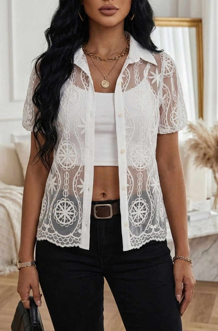 Ivana Sheer Mesh Embroidered Lace Puff Sleeve Blouse Top-Ivory