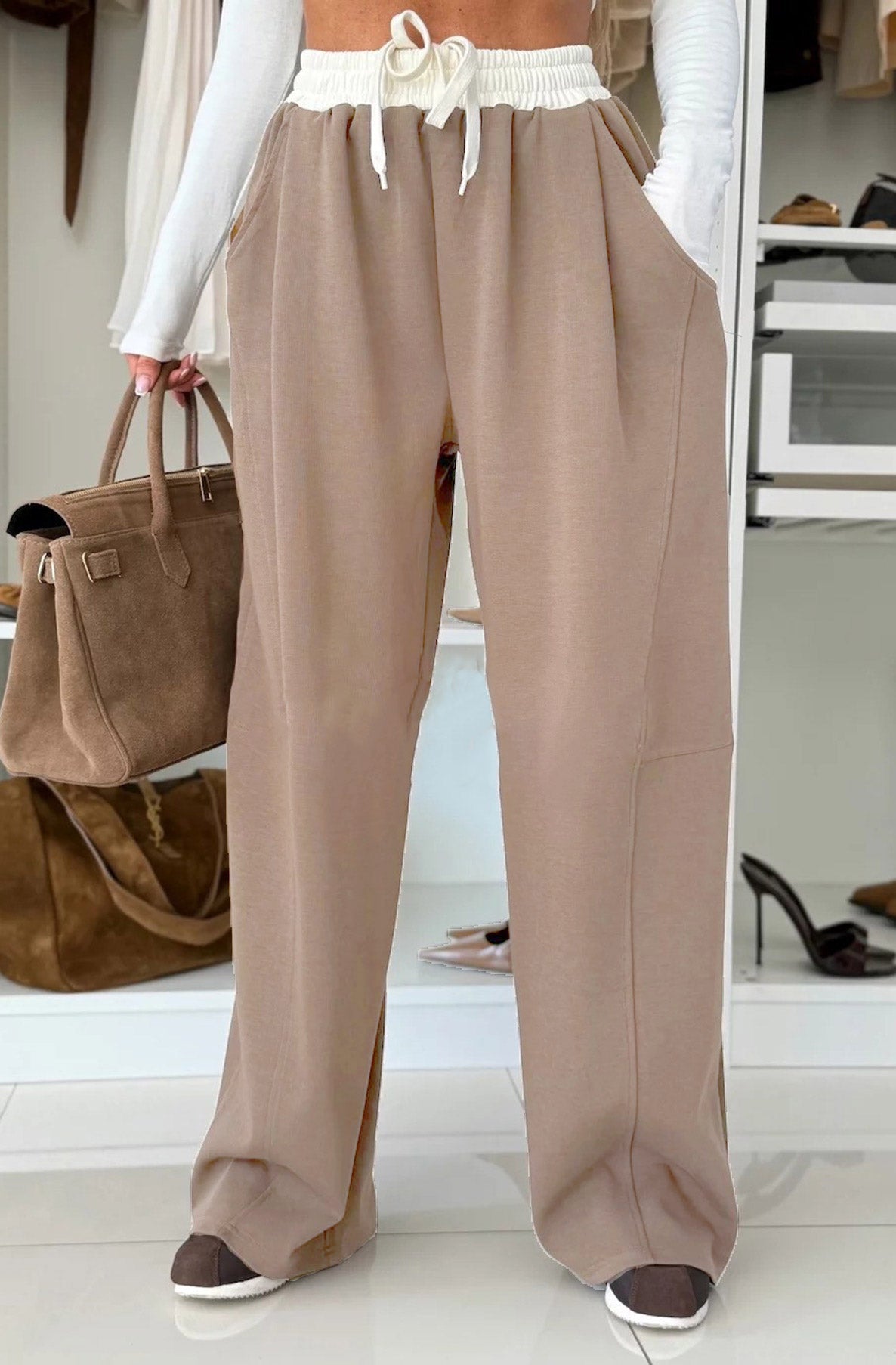 Ivy Contrast Wide Leg Trousers-Camel