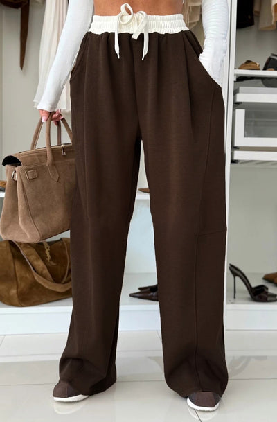 Ivy Contrast Wide Leg Trousers-Dark Brown