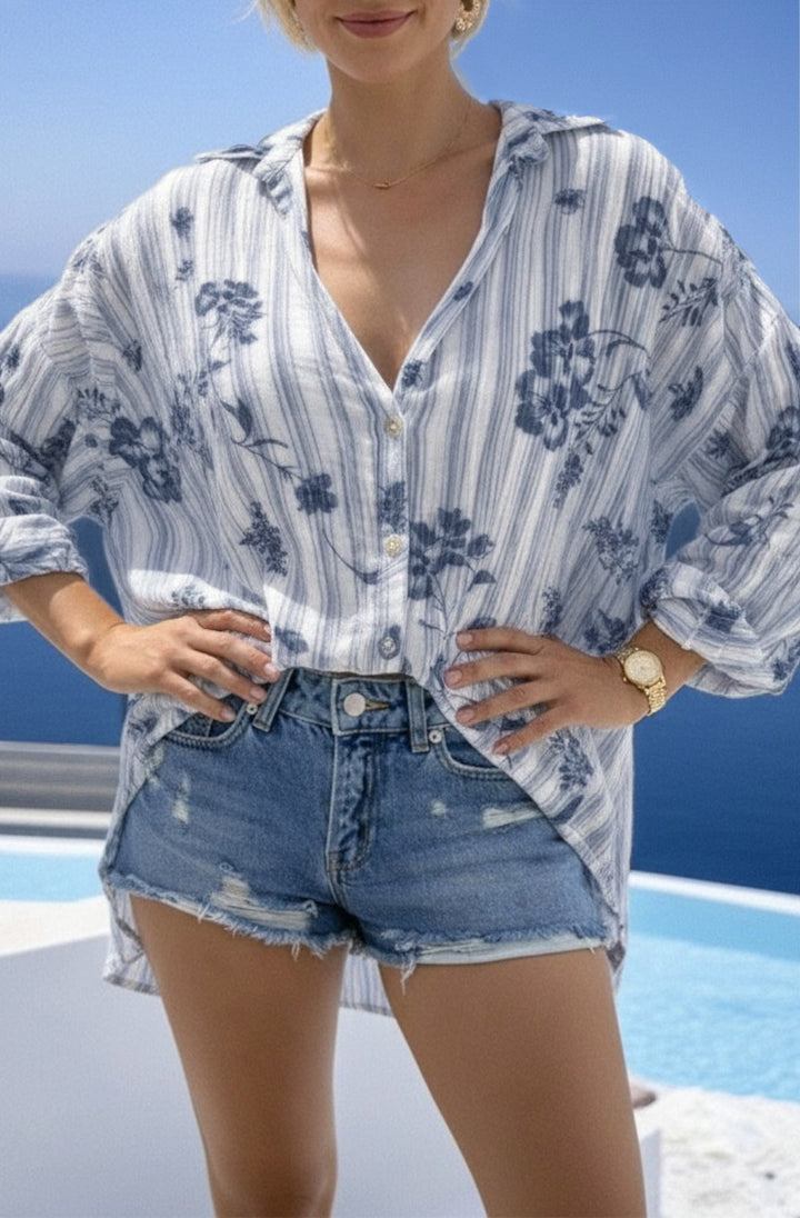 Jackie Floral Stripe Oversized Gauze Style Shirt-Blue