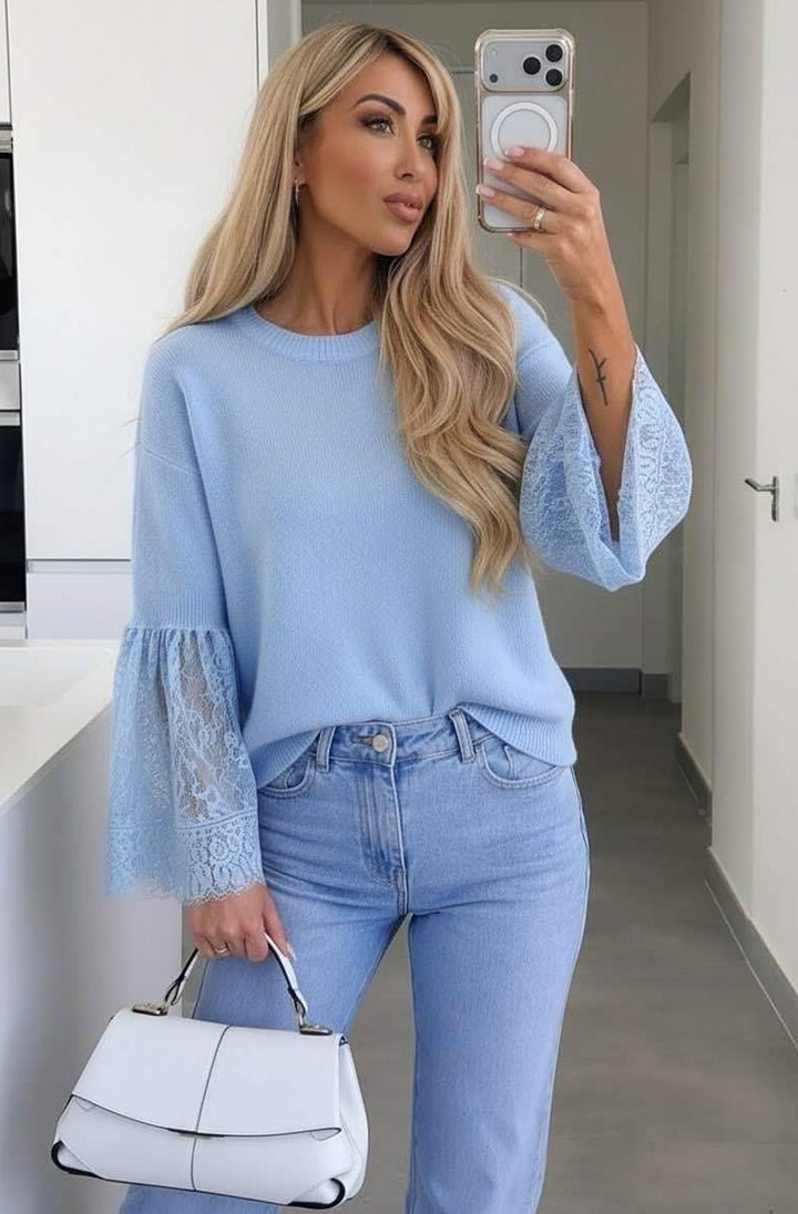 Jane Alpaca Blend  Lace Cuff Round-Neck Light Knitted Jumper Sweater - Blue