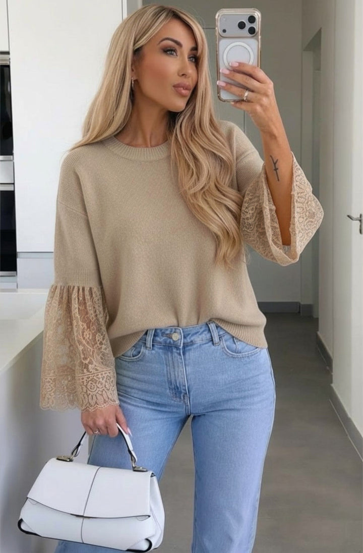 Jane Alpaca Blend  Lace Cuff Round-Neck Light Knitted Jumper Sweater - Stone