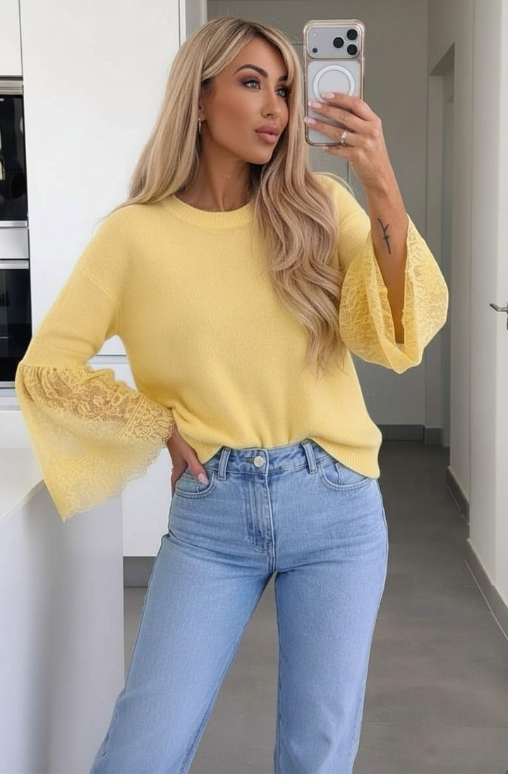 Jane Alpaca Blend  Lace Cuff Round-Neck Light Knitted Jumper Sweater - Yellow