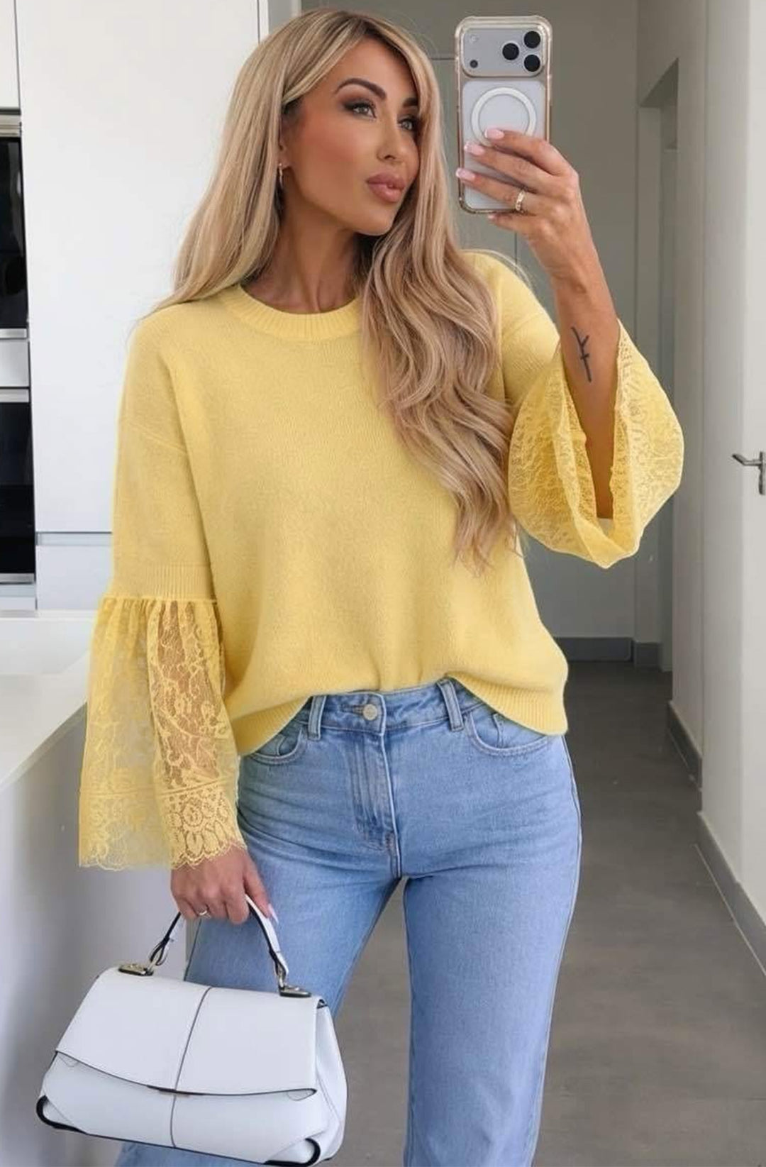 Jane Alpaca Blend  Lace Cuff Round-Neck Light Knitted Jumper Sweater - Yellow