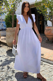Janis Ruffle Frill Sleeve Cotton Gauze Style Maxi Dress-Ivory