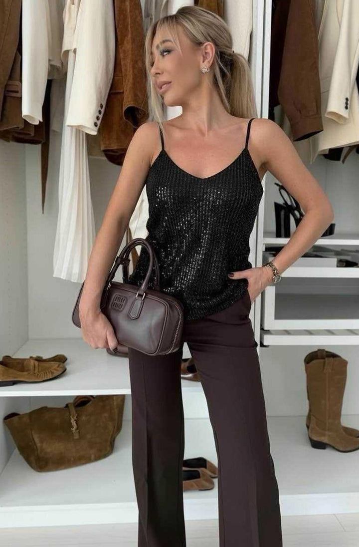 Jasmine Sequin Strap Cami Top - Black