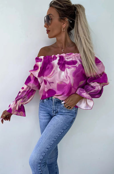 Jasmine Bardot Abstract Patterned Shirt Blouse Top-Purple