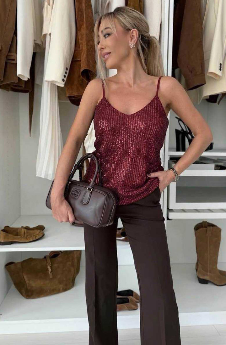 Jasmine Sequin Strap Cami Top - Wine