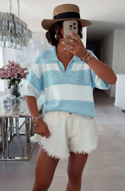 Jemma Melange Striped Polo Collar Lightweight Knit Top-Blue