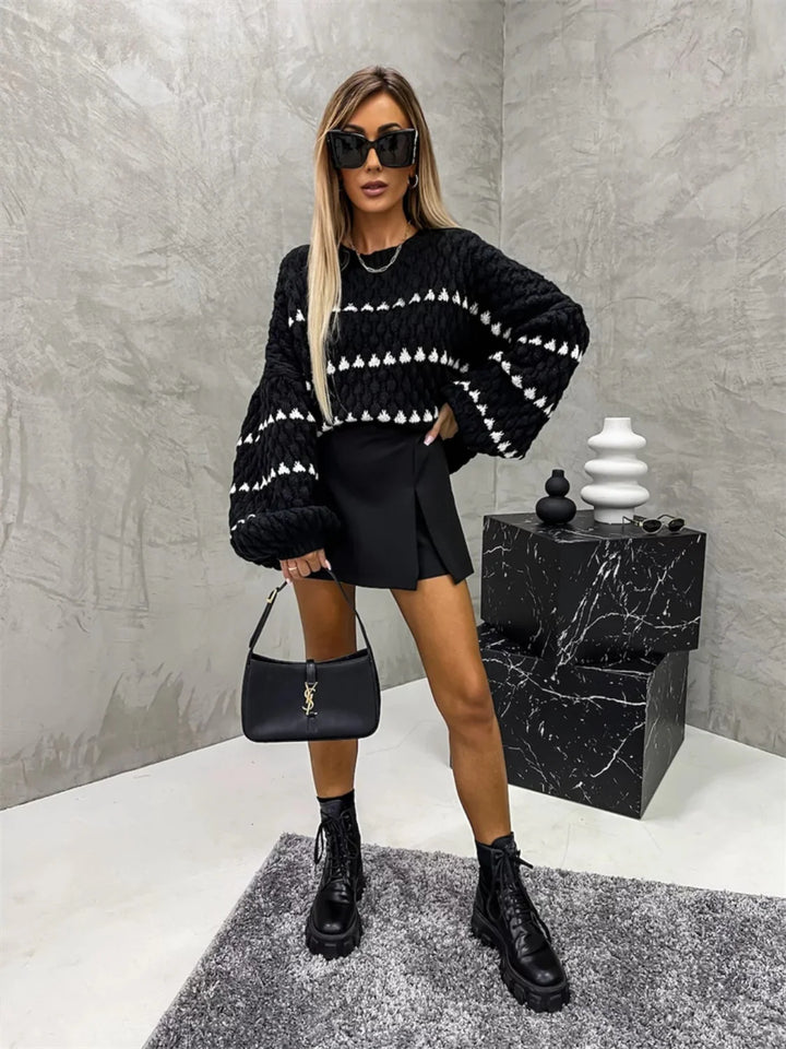 Jodie Patterned Knitted Jumper Sweater Top-Black