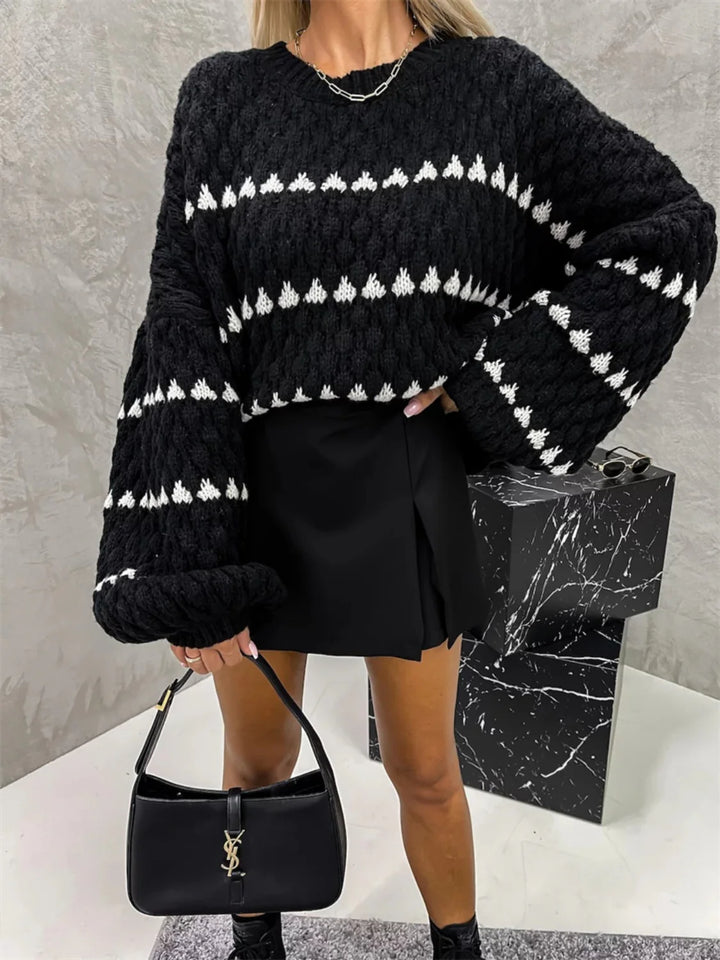 Jodie Patterned Knitted Jumper Sweater Top-Black