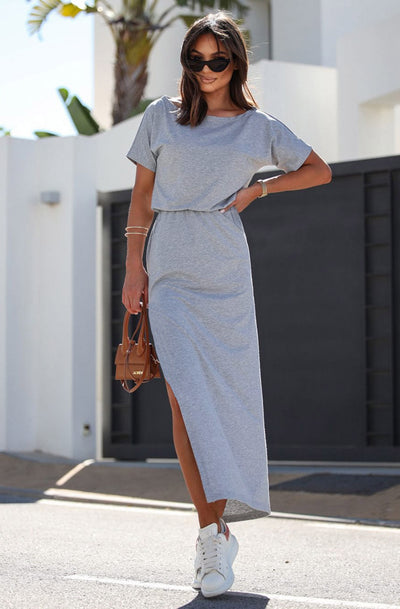 Joella Side Slit Pocket Detail Maxi Dress-Grey