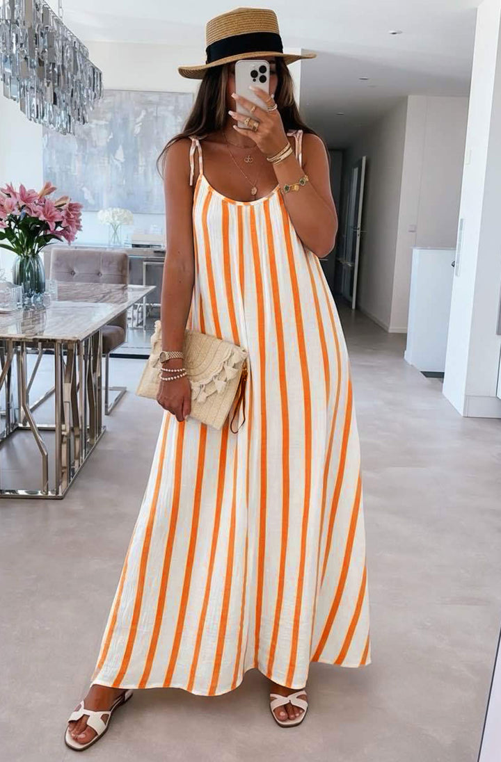 Josette Stripe Pocket Tie-Up Strap Cotton Gauze Style Maxi Dress