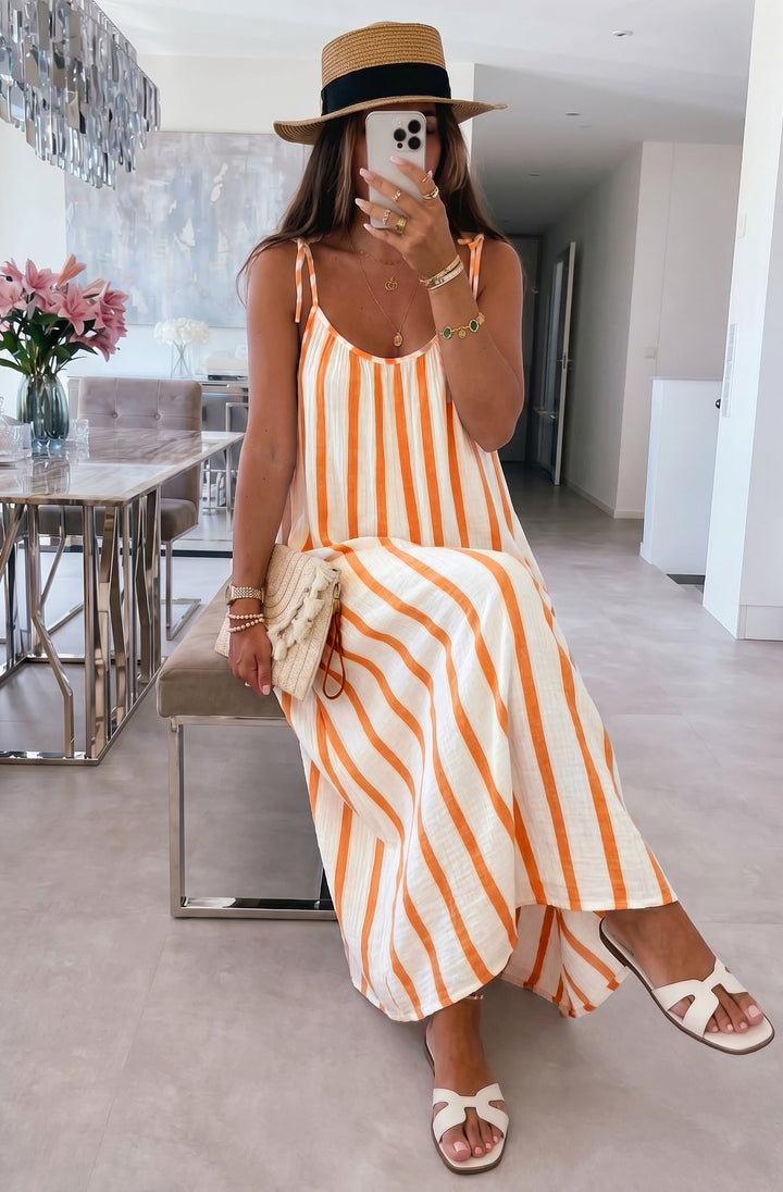 Josette Stripe Pocket Tie-Up Strap Cotton Gauze Style Maxi Dress