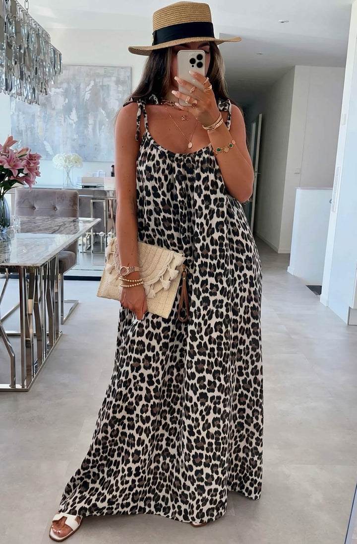 Josette Cotton Gauze Style Tie-Up Leopard Print Pocket Maxi Dress-Brown